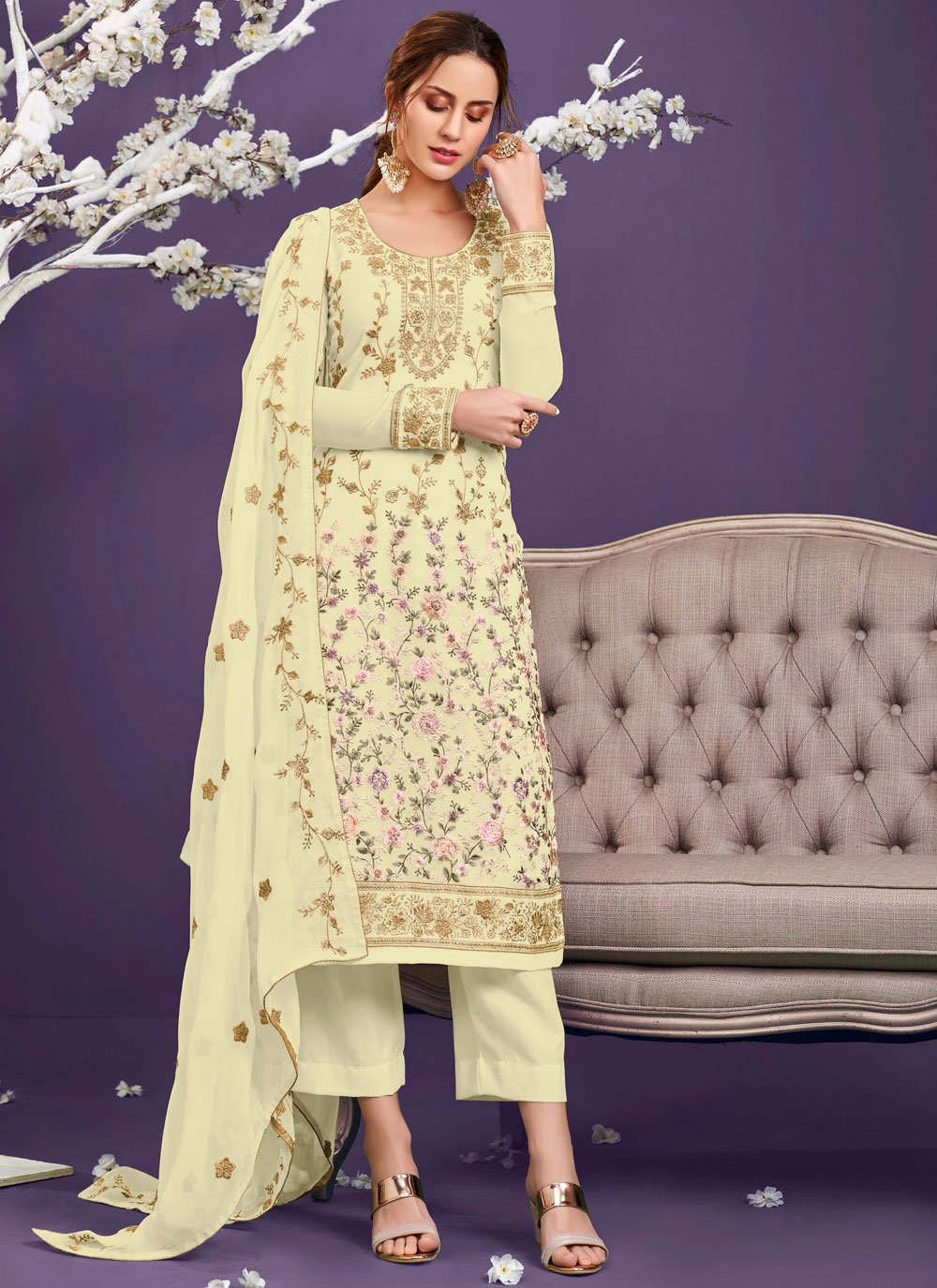 Buy Light Yellow Pakistani Style Suit - Georgette Embroidered Suit