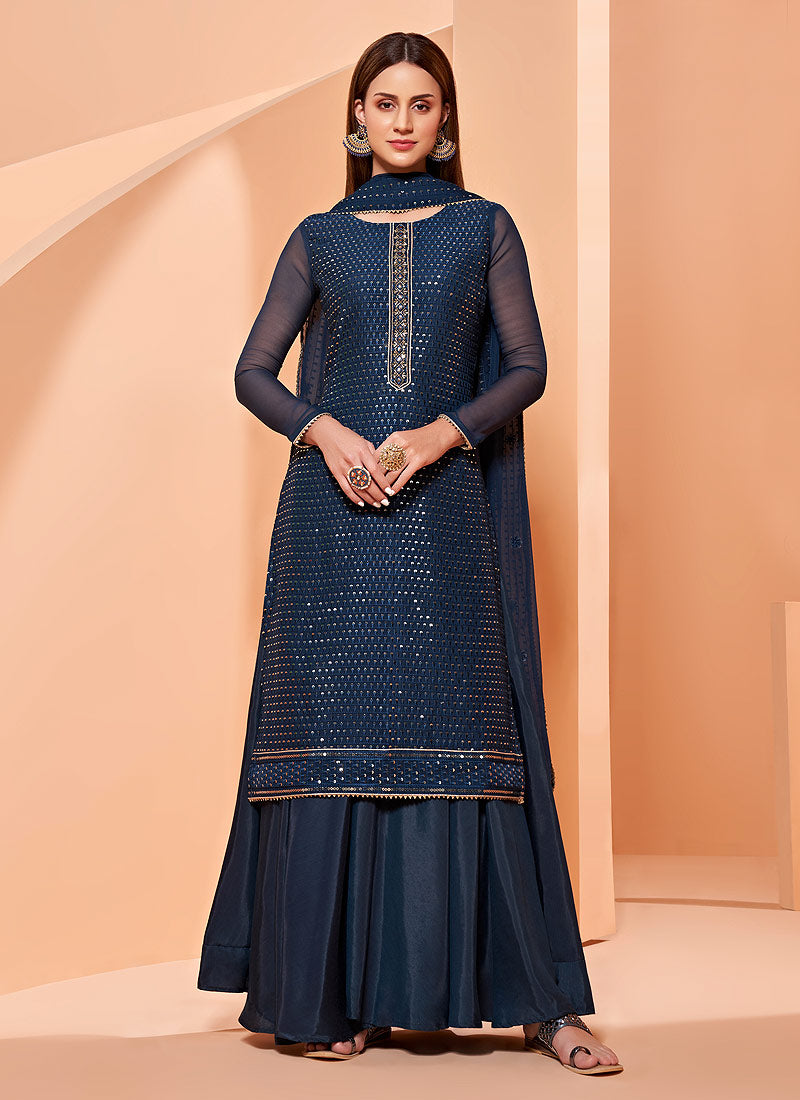 Buy Sequins Embroidered Retro Blue Sharara - Georgette Sharara Suit