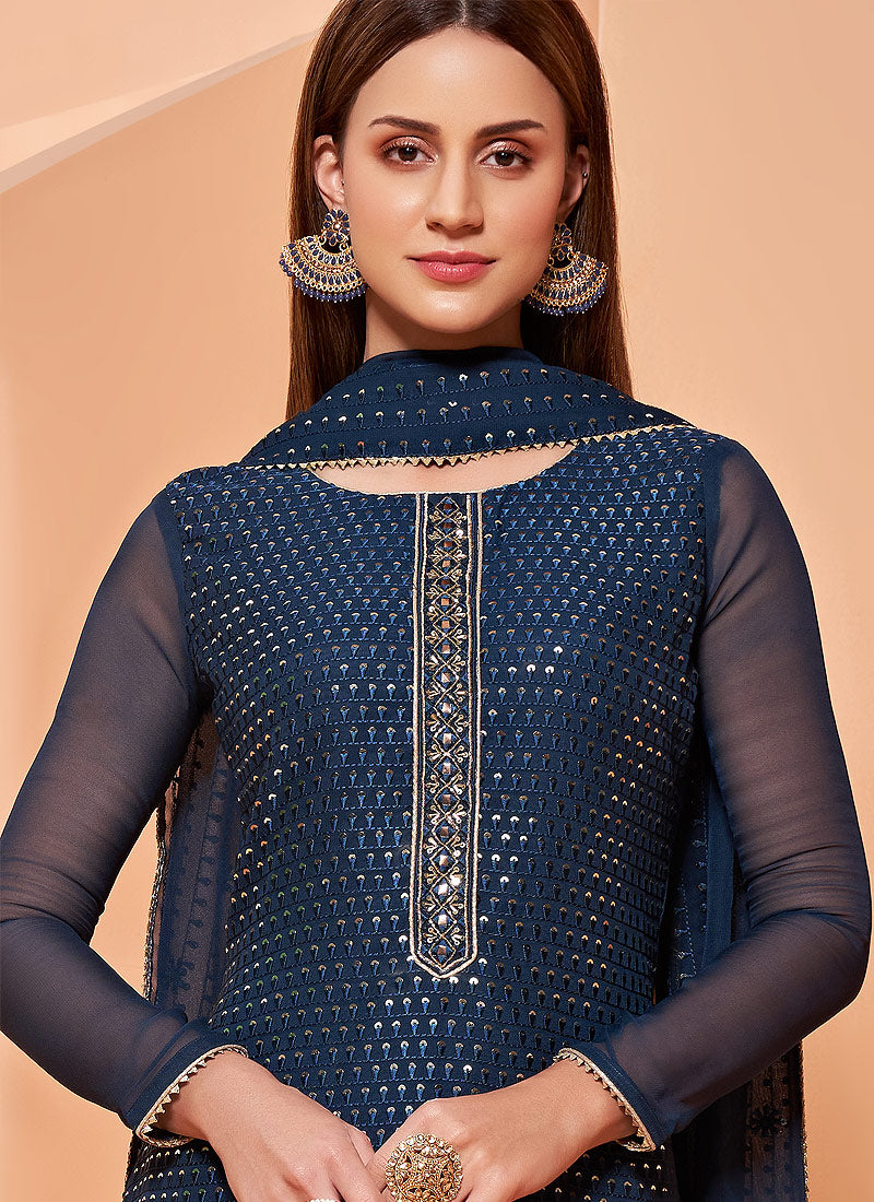 Buy Sequins Embroidered Retro Blue Sharara - Georgette Sharara Suit