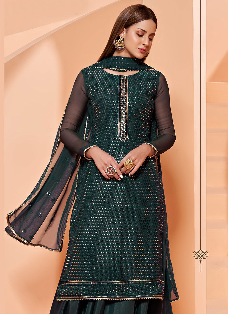 Buy Sequins Embroidered Bottle Green Sharara - Georgette Sharara Suit
