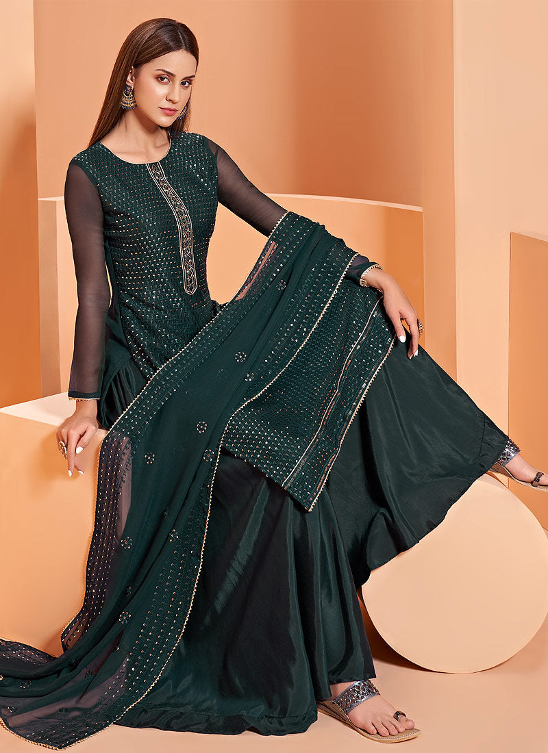 Buy Sequins Embroidered Bottle Green Sharara - Georgette Sharara Suit