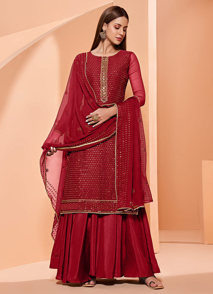 Buy Sequins Embroidered Deep Red Sharara - Georgette Sharara Suit