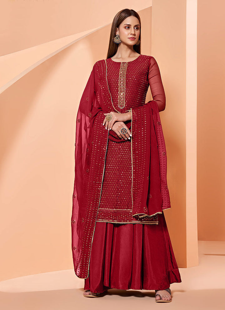 Buy Sequins Embroidered Deep Red Sharara - Georgette Sharara Suit