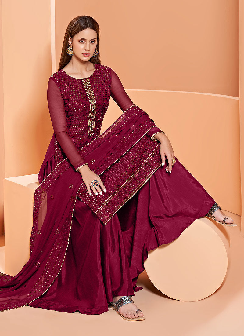 Buy Sequins Embroidered Magenta Sharara - Georgette Sharara Suit