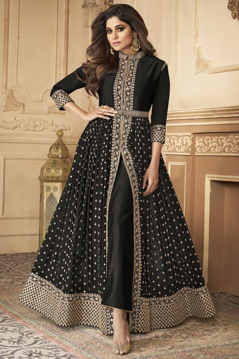 Shamita Shetty Trendy Party Wear Anarkali Suit in Black