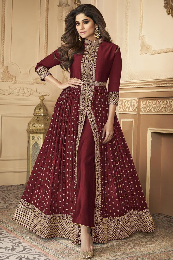 Shamita Shetty Trendy Party Wear Anarkali Suit in Maroon