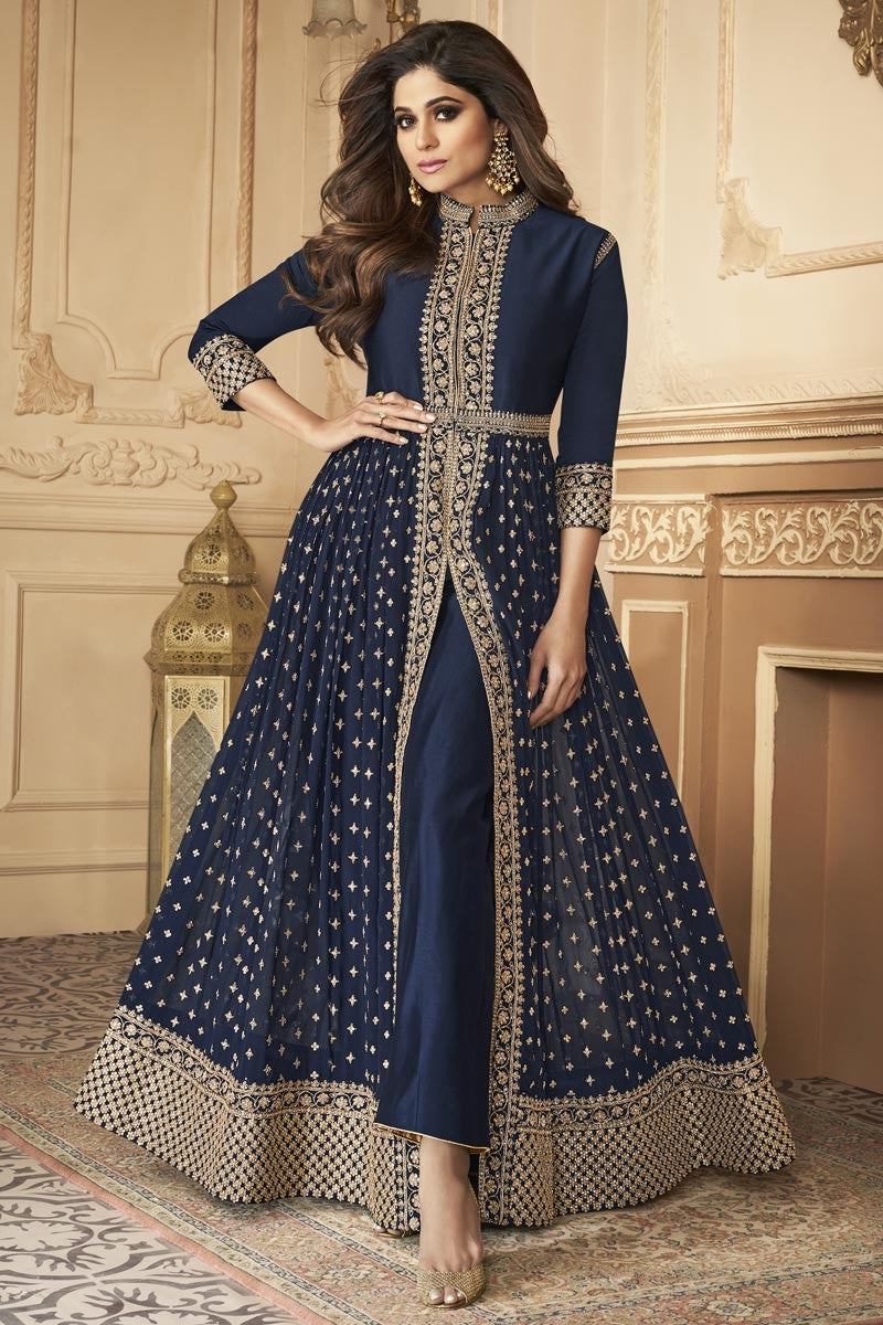 Shamita Shetty Trendy Party Wear Anarkali Suit in Blue