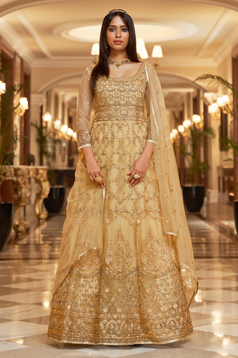 Buy Net Embellished Beige Anarkali - Wedding Festival Anarkali Dress