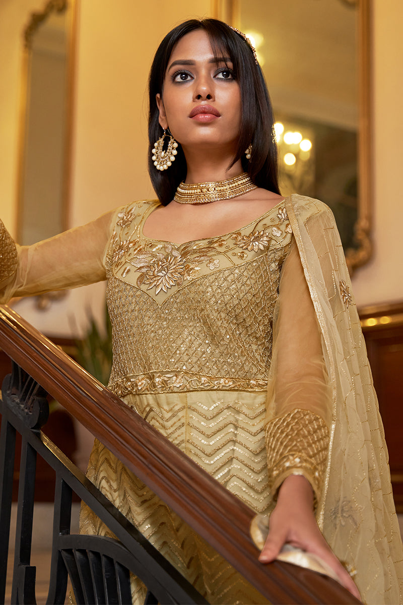 Net Embellished Golden Wedding Festival Anarkali Dress Net Embellished Golden Wedding Festival Anarkali Dress
