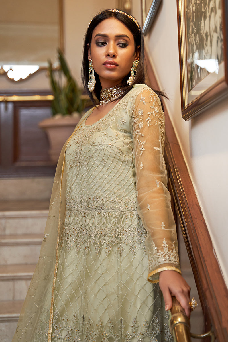 Net Embellished Ivory Green Wedding Festival Anarkali Dress Net Embellished Ivory Green Wedding Festival Anarkali Dress