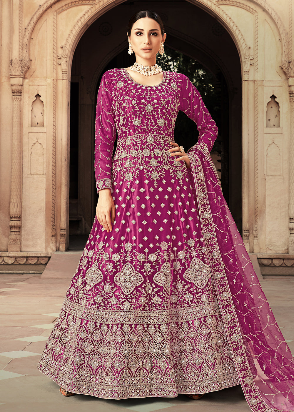 Buy Now Magenta Zarkan Diamond Embroidered Bridal Anarkali Suit Online in Canada at Empress Clothing. 