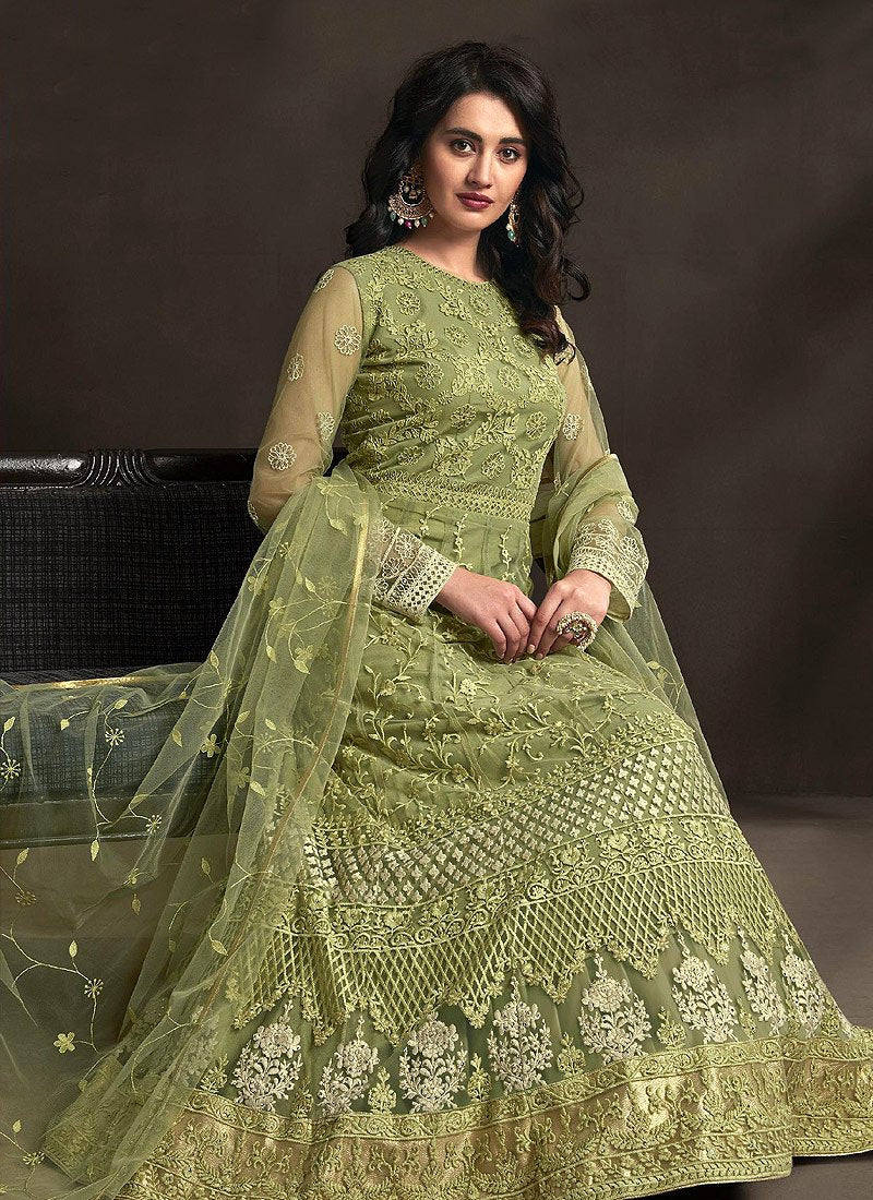 Elegant Green Detailed Embroidered Designer Anarkali Suit