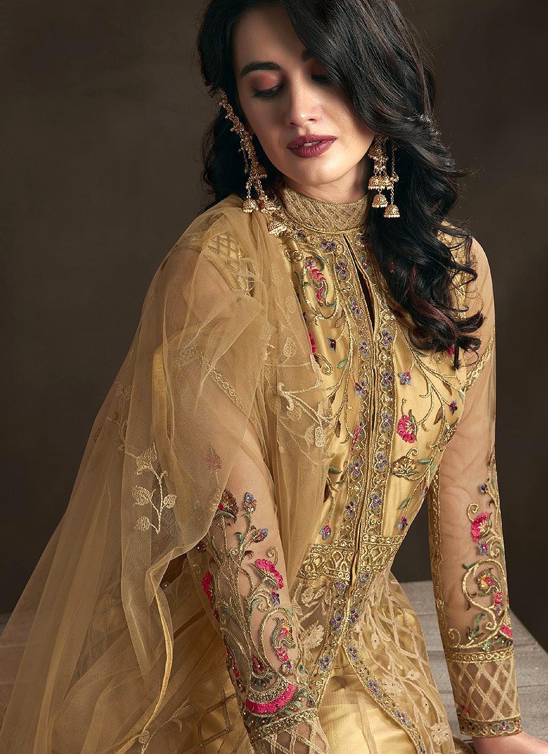 Fetching Golden Detailed Embroidered Designer Anarkali Suit