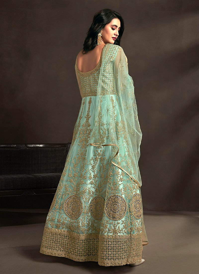 Gorgeous Teal Detailed Embroidered Designer Anarkali Suit