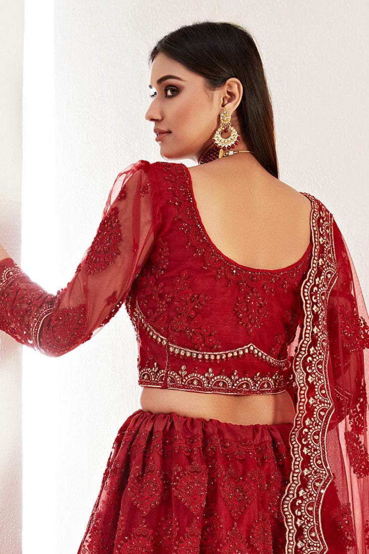 Alluring Red Net Embroidered Wedding Lehenga Choli