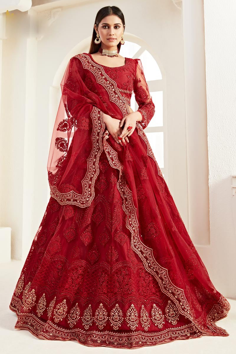 Alluring Red Net Embroidered Wedding Lehenga Choli