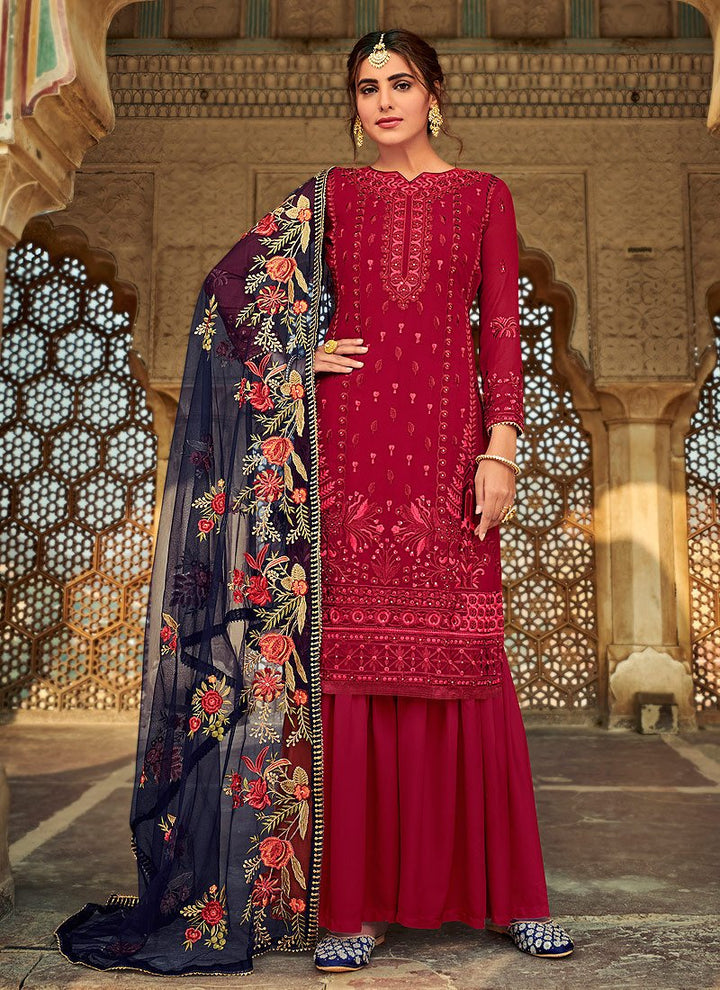Fascinating Red Suit - Embroidered Georgette Palazzo Suit