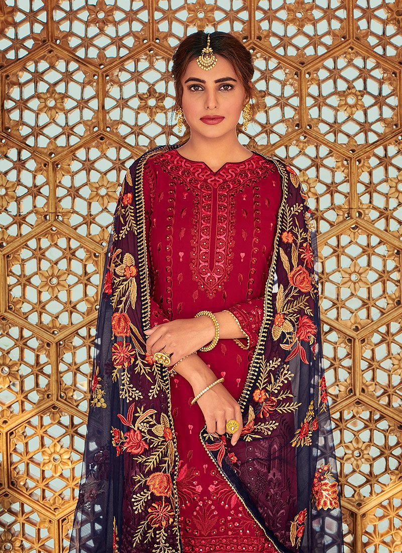 Fascinating Red Embroidered Georgette Palazzo Suit