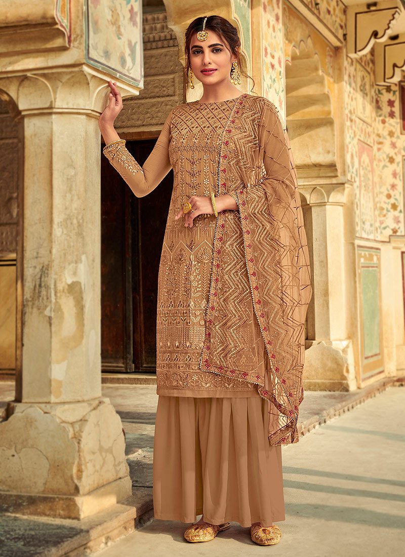 Exceptional Brown Suit - Embroidered Georgette Palazzo Suit