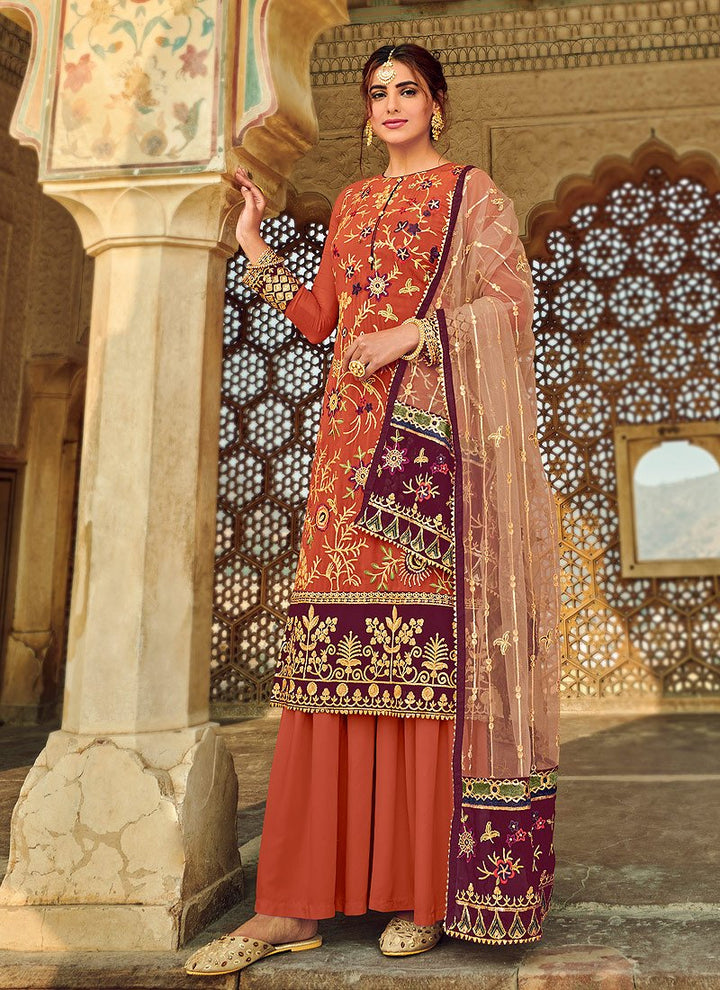 Stunning Orange Suit - Embroidered Georgette Palazzo Suit