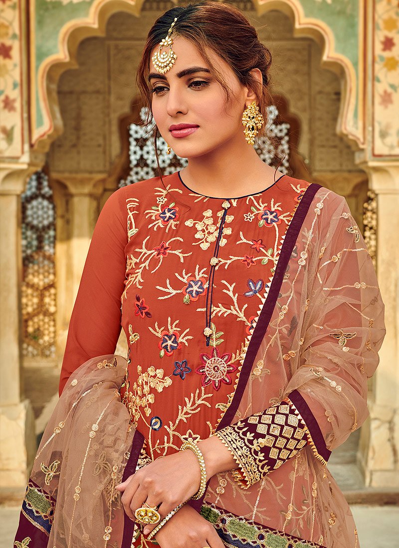 Stunning Orange Embroidered Georgette Palazzo Suit