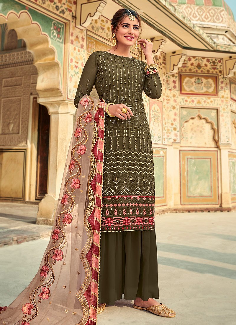 Unique Green Suit - Embroidered Georgette Palazzo Suit