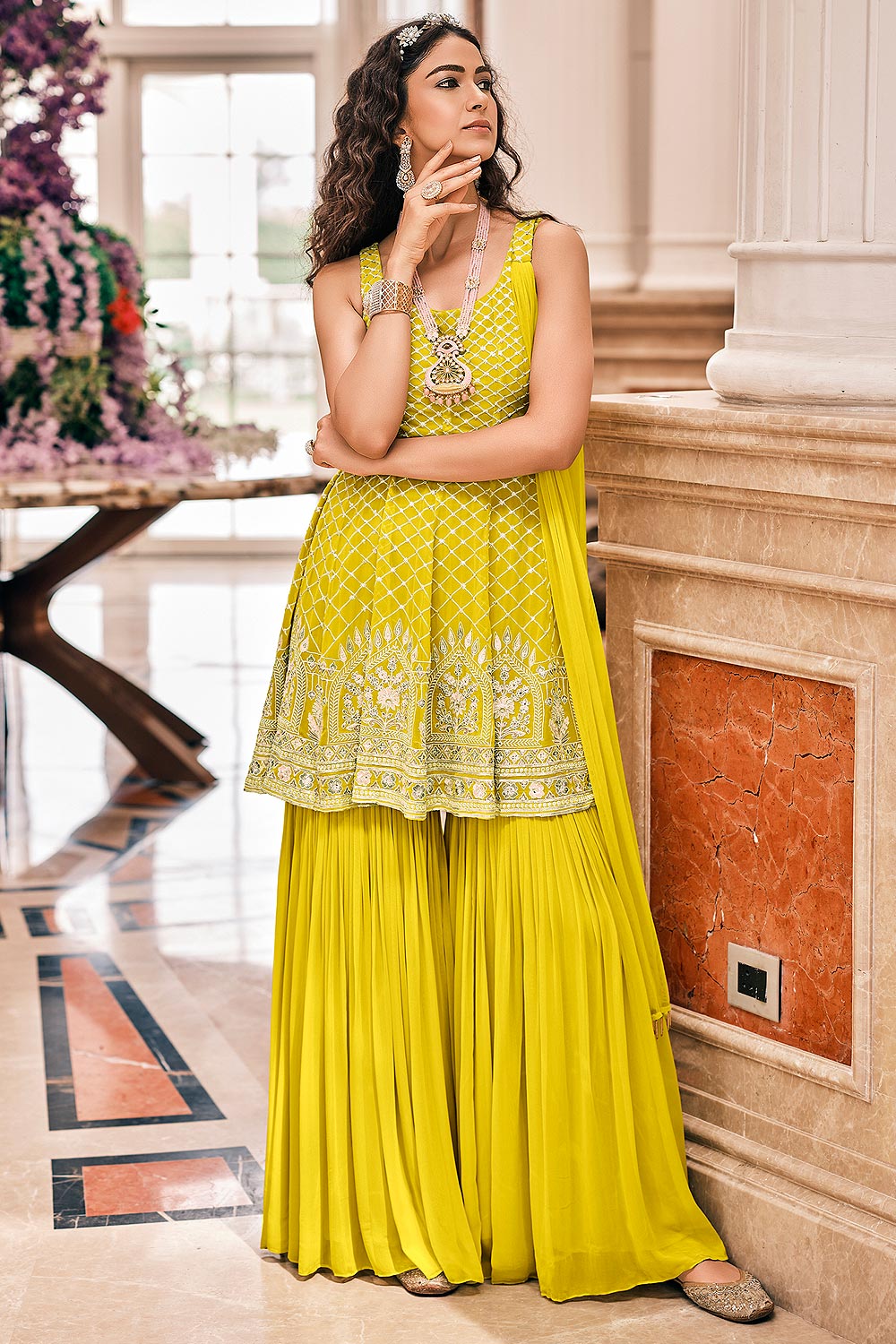 peplum dress with plazo Mirror Embellished Peplum Palazzo Set with Dupatta Aari Tari