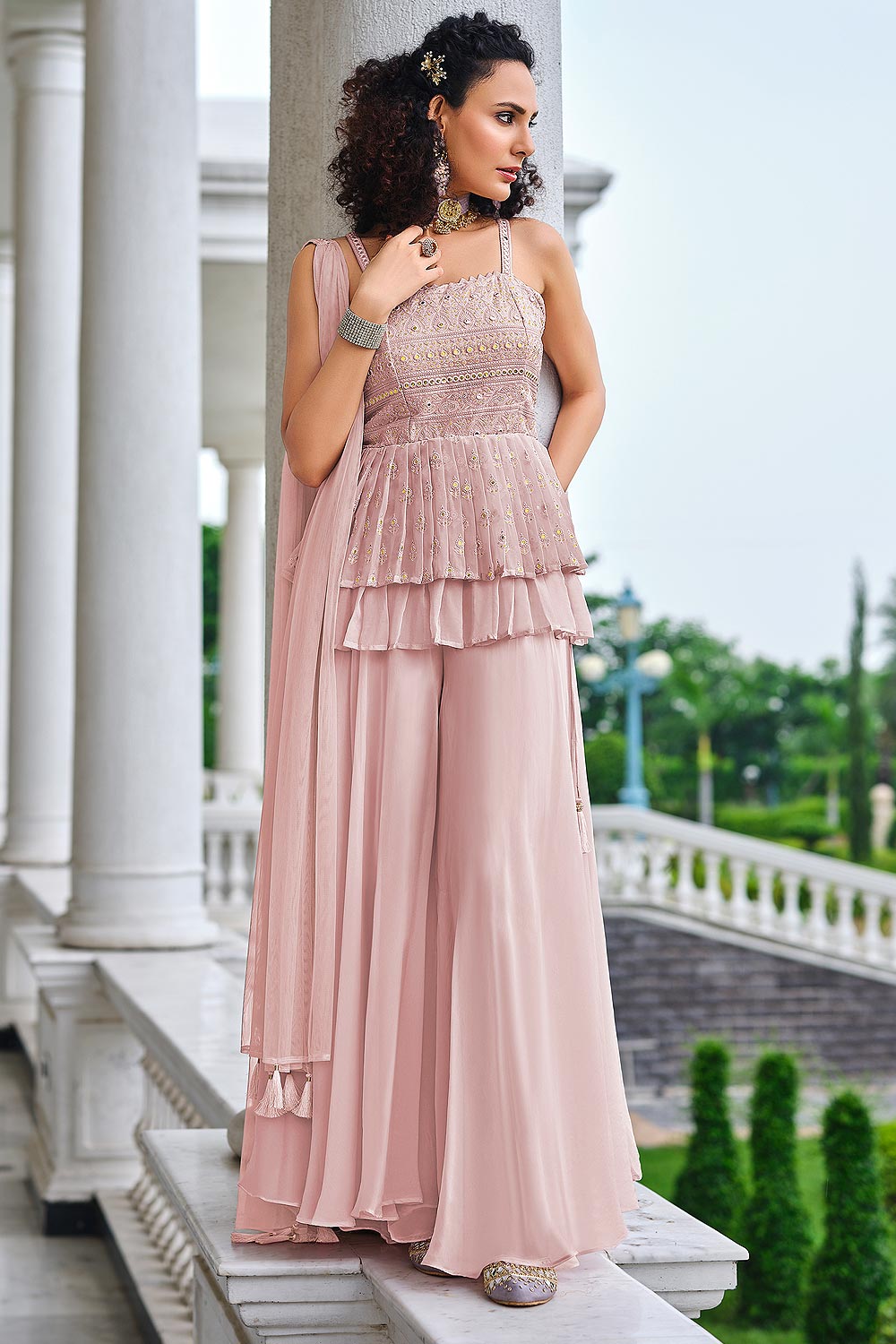 Buy Ready to Wear Light Pink Suit - Indo Western Palazzo Suit