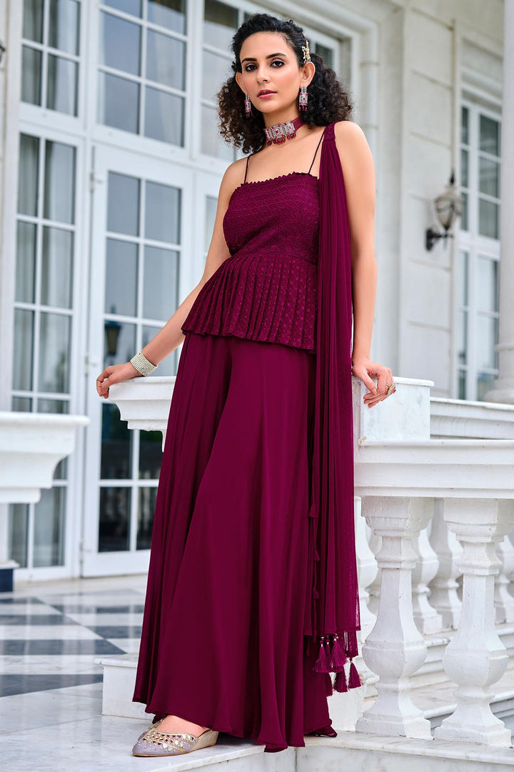 Buy Ready to Wear Plum Wine Suit - Indo Western Palazzo Suit