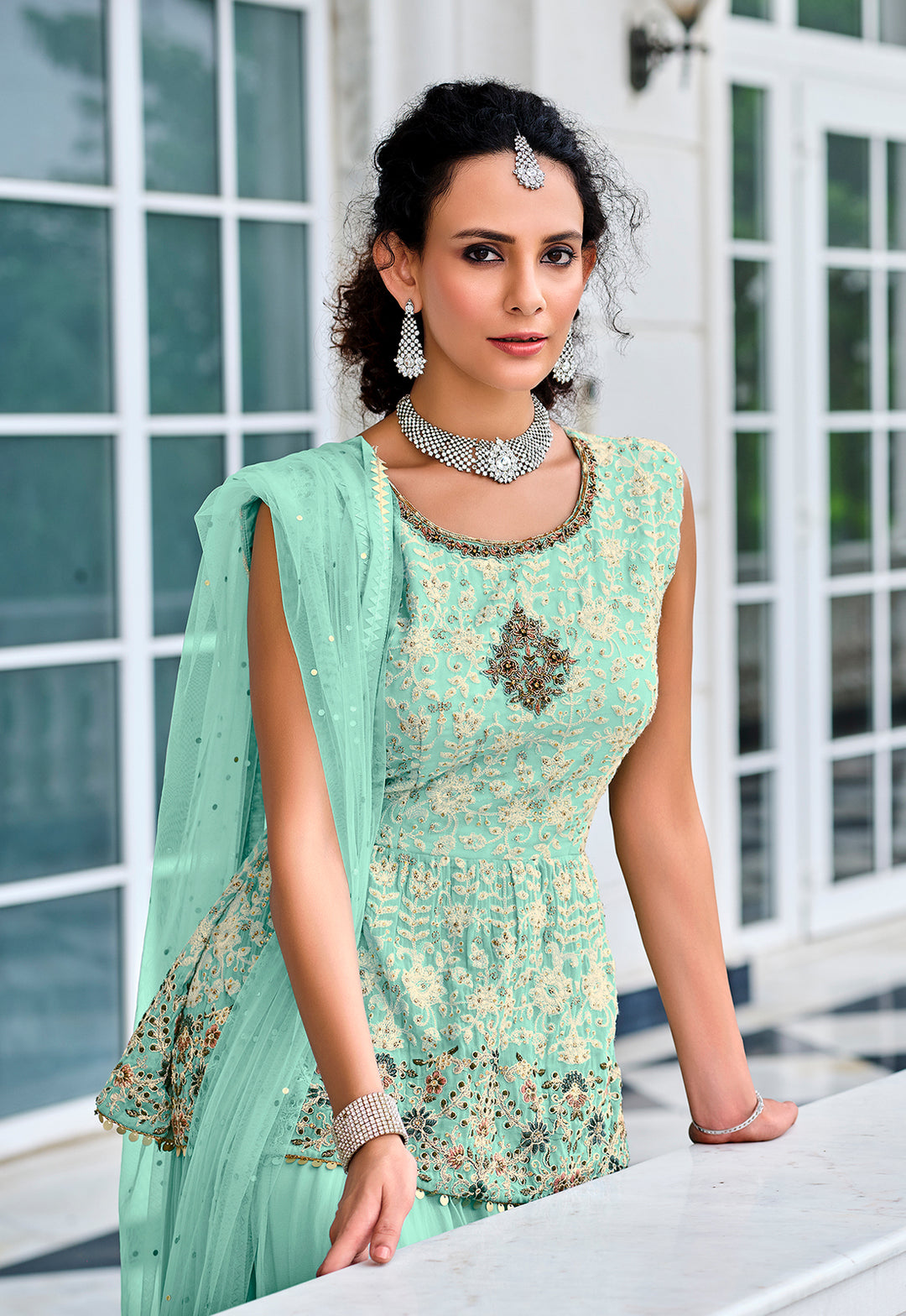 Buy Readymade Sky Blue Embroidered Suit - Viscose Georgette Suit