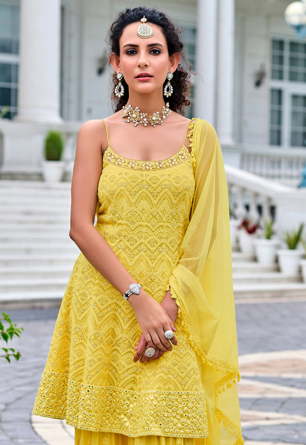 Buy Readymade Bright Yellow Embroidered Suit - Viscose Georgette Suit