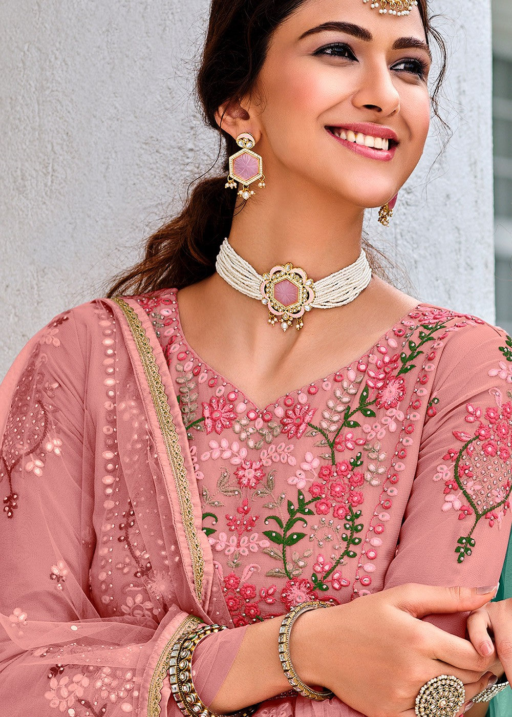 Buy Readymade Mauve Pink Embroidered Suit - Viscose Georgette Suit