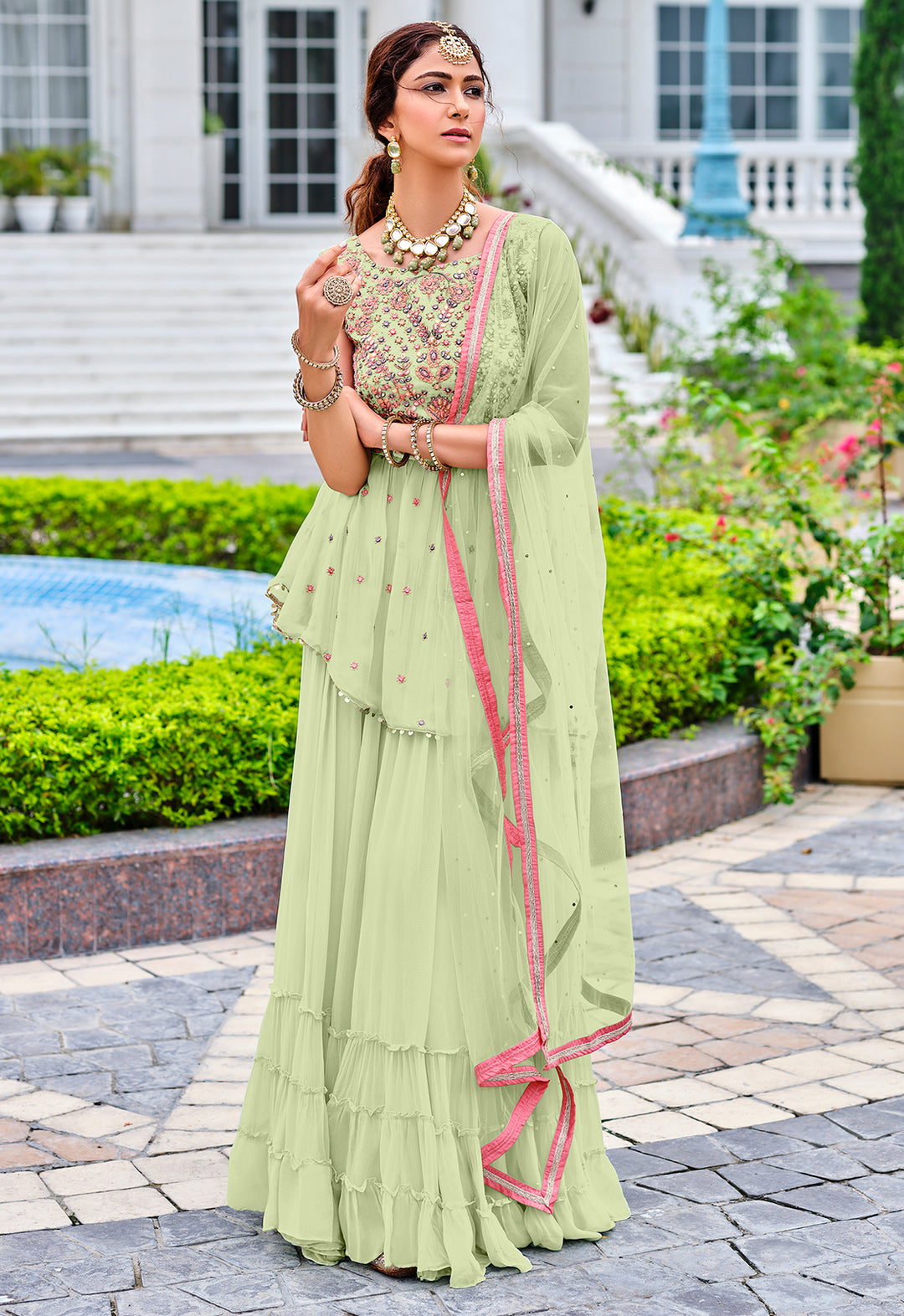 Buy Readymade Light Green Embroidered Suit - Viscose Georgette Suit