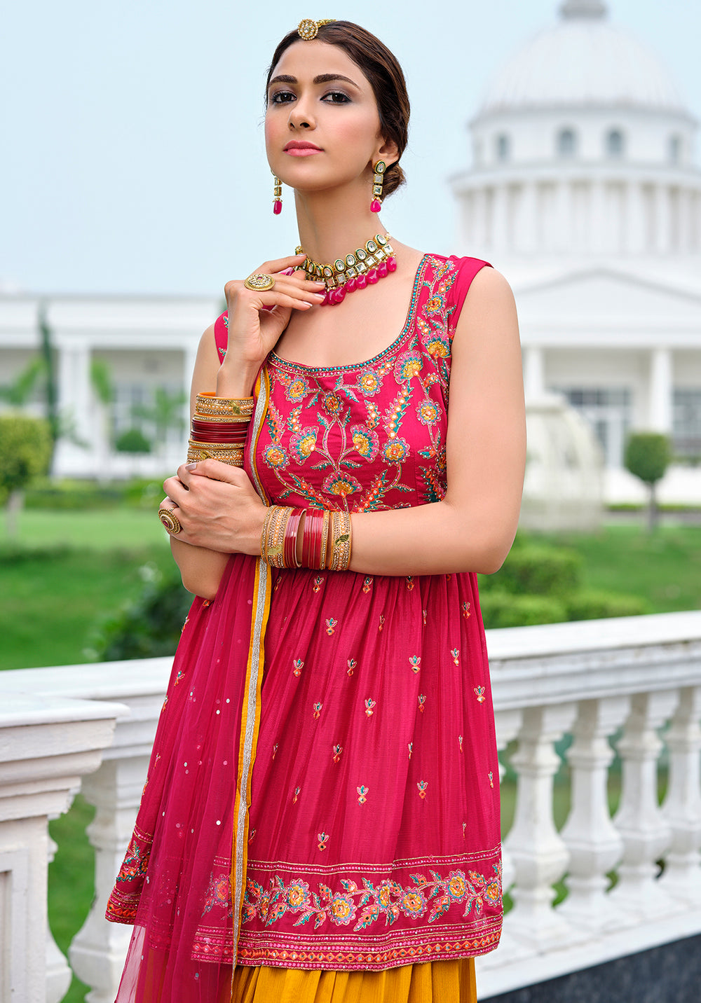 Buy Pink & Yellow Palazzo Style Suit - Viscose Georgette Peplum Suit