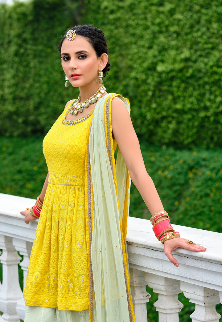 Buy Yellow & Green Palazzo Style Suit - Viscose Georgette Peplum Suit