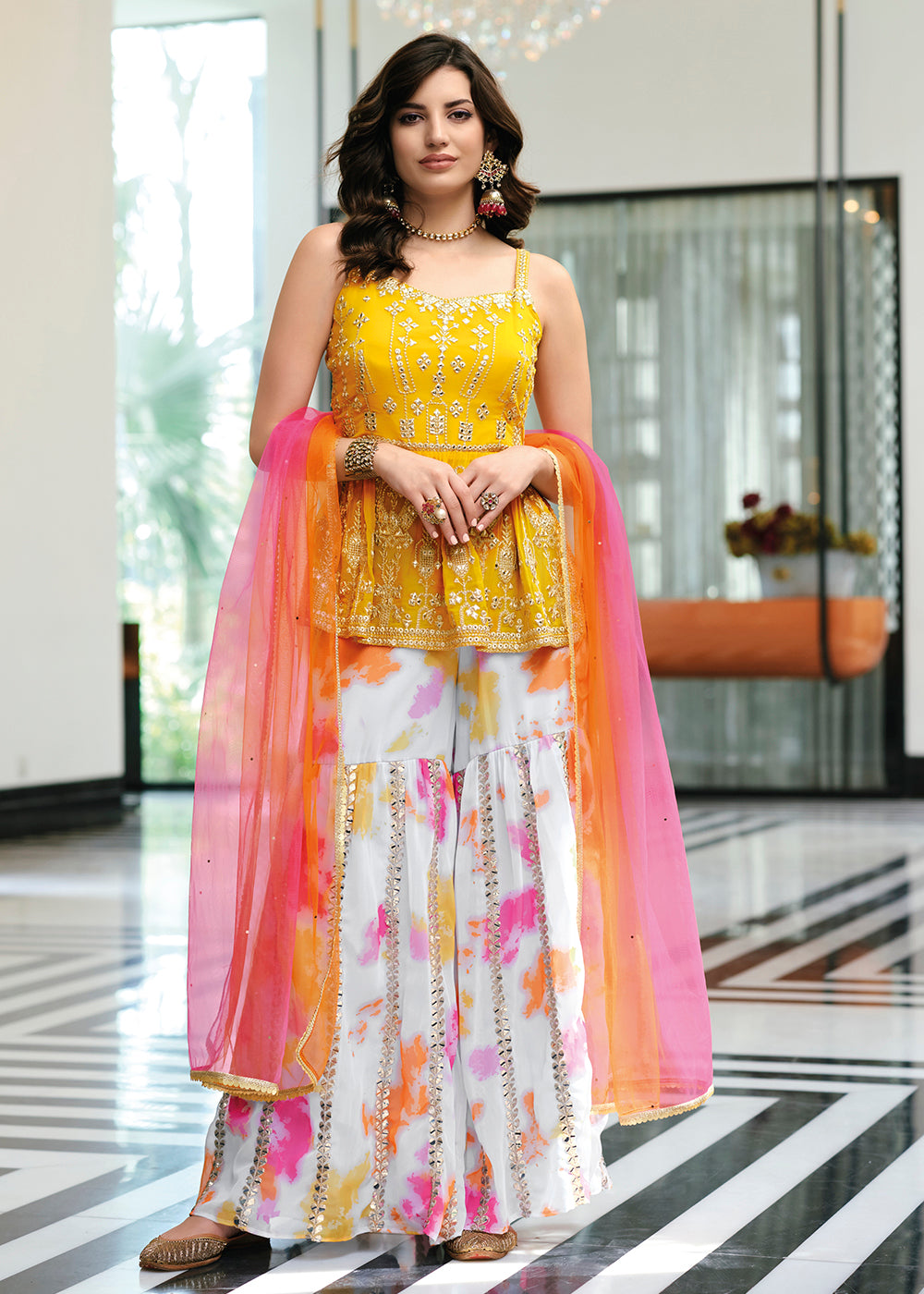 Buy Now Fetching Yellow Party Festive Palazzo Salwar Suit Online in USA, UK, Canada, Germany & Worldwide at Empress Clothing.