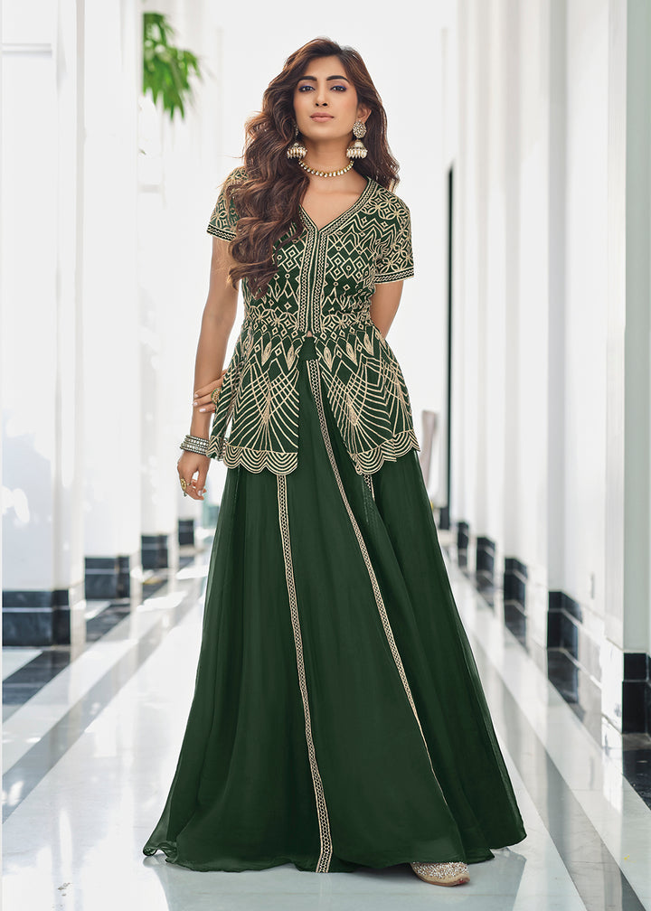 Shop Now Indo Western Green Georgette Festive Party Lehenga Skirt Suit Online in USA, UK, Canada & Worldwide at Empress Clothing.