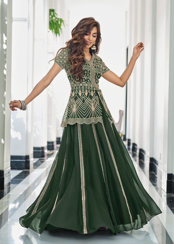 Indo Western Green Georgette Festive Party Lehenga Skirt Suit