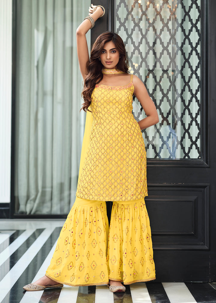 Shop Now Indo Western Yellow Georgette Festive Party Gharara Suit Online at Empress Clothing in USA, UK, Canada, Germany & Worldwide.