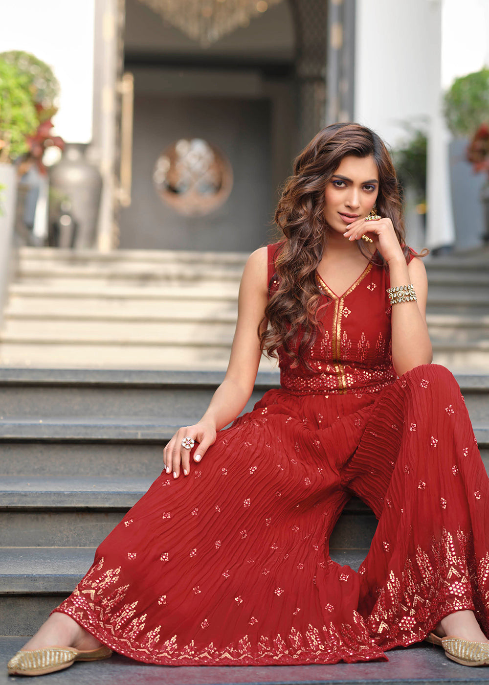 Buy Now Beautiful Red Indo-Western Embroidered Jumpsuit Online in USA, UK, Canada, Germany & Worldwide at Empress Clothing.