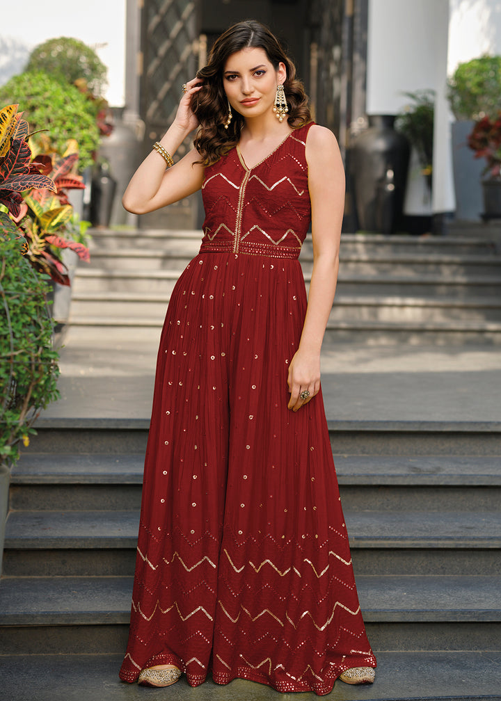 Buy Now Red Indo-Western Embroidered Jumpsuit Online in USA, UK, Canada, Germany & Worldwide at Empress Clothing. 