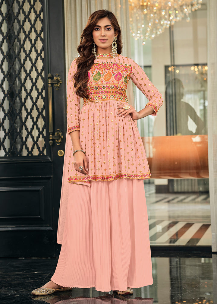 Buy Now Pinkish Peach Festive Wear Georgette Salwar Suit Online in USA, UK, Canada, Germany & Worldwide at Empress Clothing.