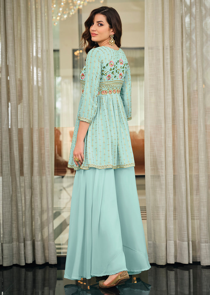 Buy Now Aqua Blue Festive Wear Georgette Salwar Suit Online in USA, UK, Canada, Germany & Worldwide at Empress Clothing.