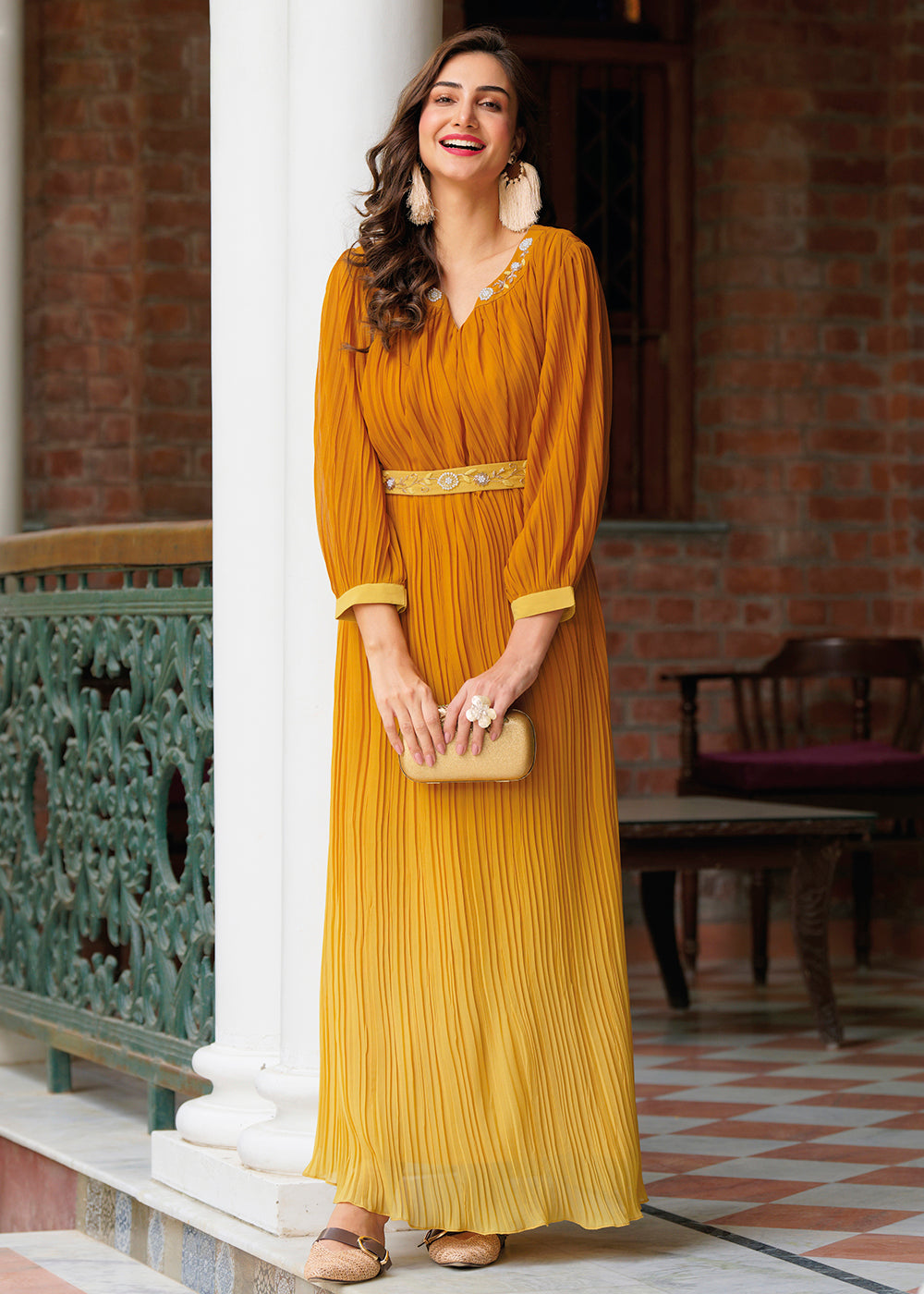 Buy Now Shaded Yellow Ombre Crushed Khatli Work Georgette Gown Online in USA, UK, Australia, New Zealand, Canada & Worldwide at Empress Clothing.