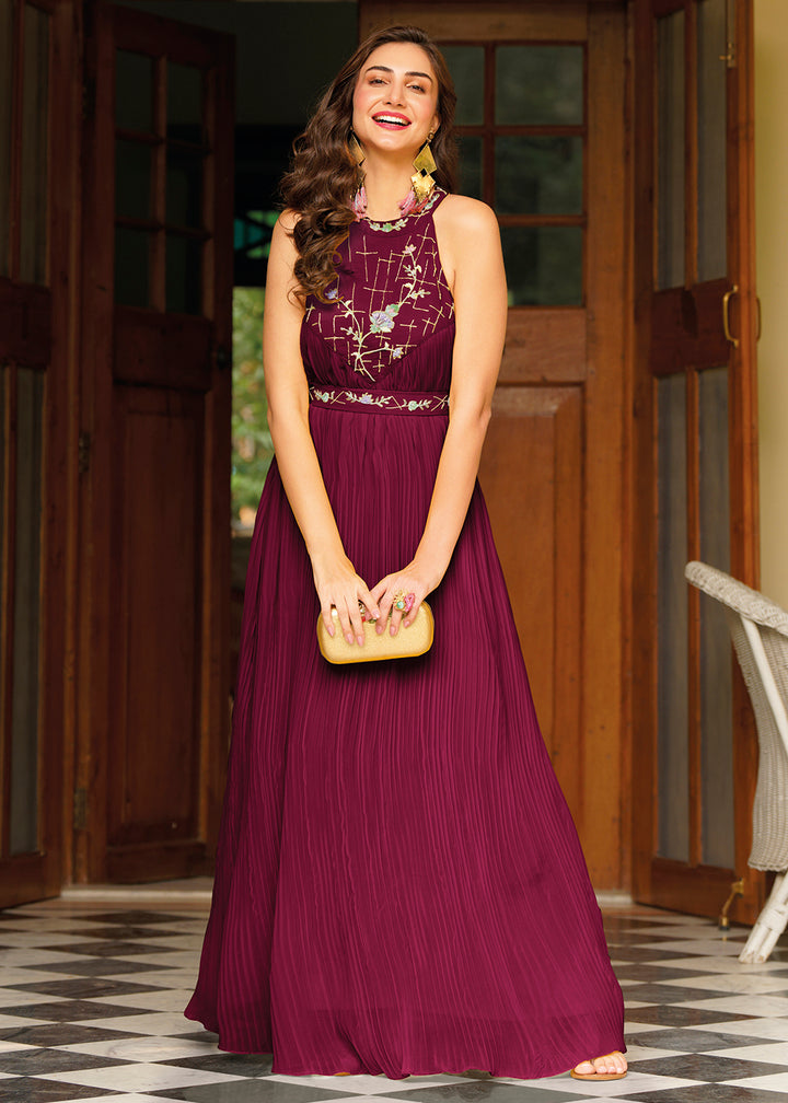 Buy Now Beautiful Wine Red Georgette Embellished Indo Western Maxi Gown Online in USA, UK, Australia, New Zealand, Canada & Worldwide at Empress Clothing. 