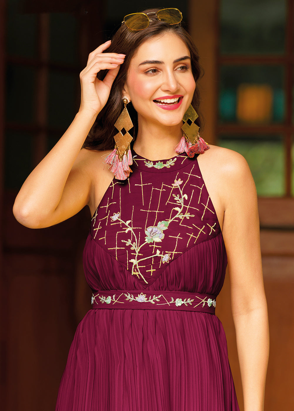 Wine Colour Earrings For Maroon Gown Buy Indo Western Maxi Gown