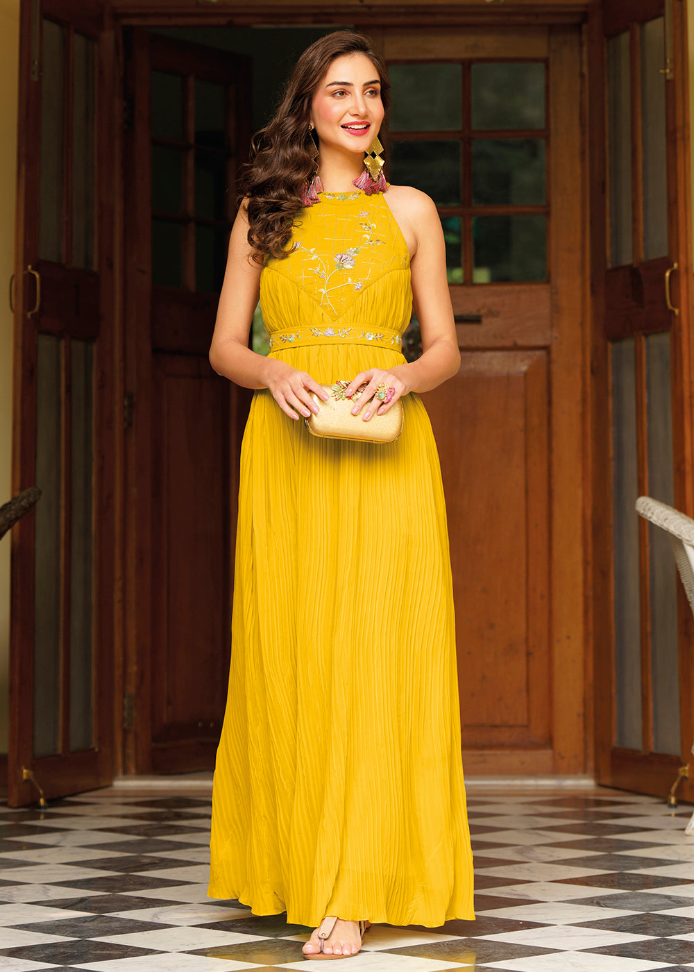 Buy Now Mustard Yellow Georgette Embellished Indo Western Maxi Gown Online in USA, UK, Australia, New Zealand, Canada & Worldwide at Empress Clothing.