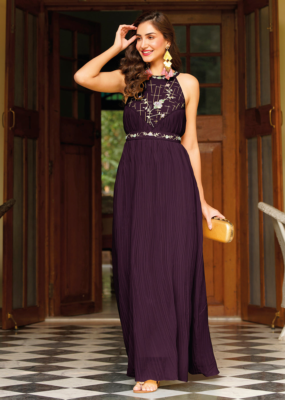 Buy Now Plum Purple Georgette Embellished Indo Western Maxi Gown Online in USA, UK, Australia, New Zealand, Canada & Worldwide at Empress Clothing.