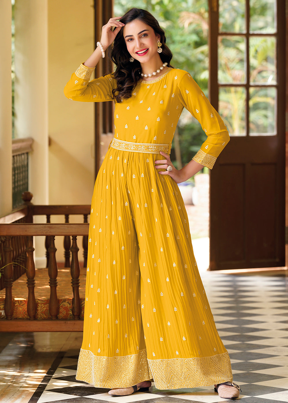 Buy Now Mustard Yellow Indo-Western Embroidered Georgette Jumpsuit Online in USA, UK, Canada, Germany & Worldwide at Empress Clothing.