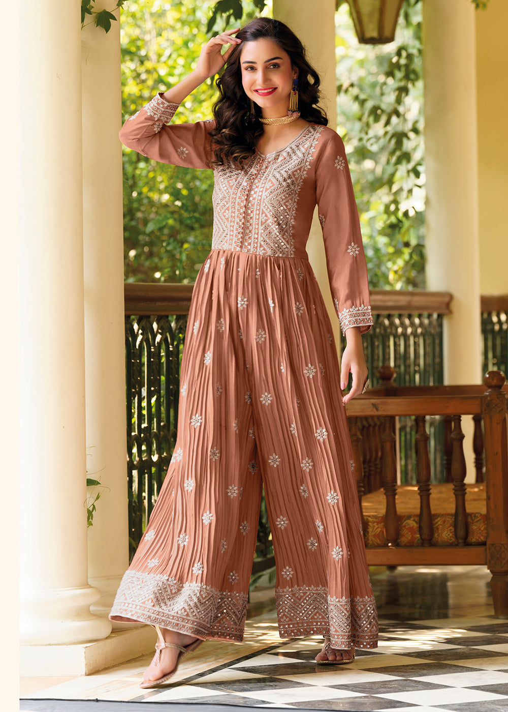 Buy Now Soft Brown Indo-Western Embroidered Chinon Jumpsuit Online in USA, UK, Canada, Germany & Worldwide at Empress Clothing.